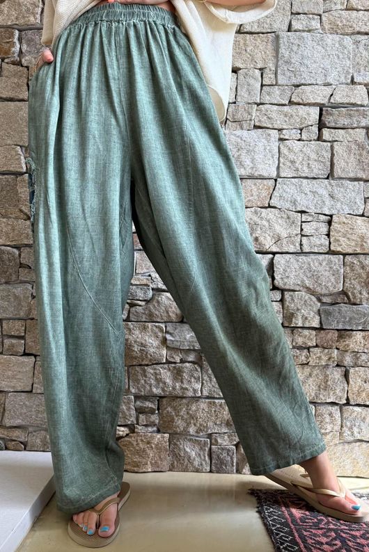 Lindin Linen Blend Crochet Flower Barrel Pant Washed Khaki